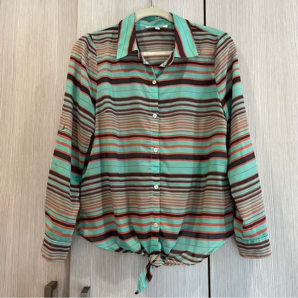 VINTAGE Daniel Rainn | Sheer Tie Front Blouse‎ | Mint & Orange Stripes | Medium - Picture 1 of 11